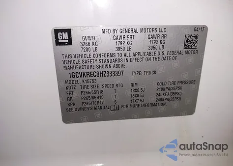 2017 Chevrolet Silverado 1500 2Lt from USA, damaged, VIN 1GCVKREC8HZ333397